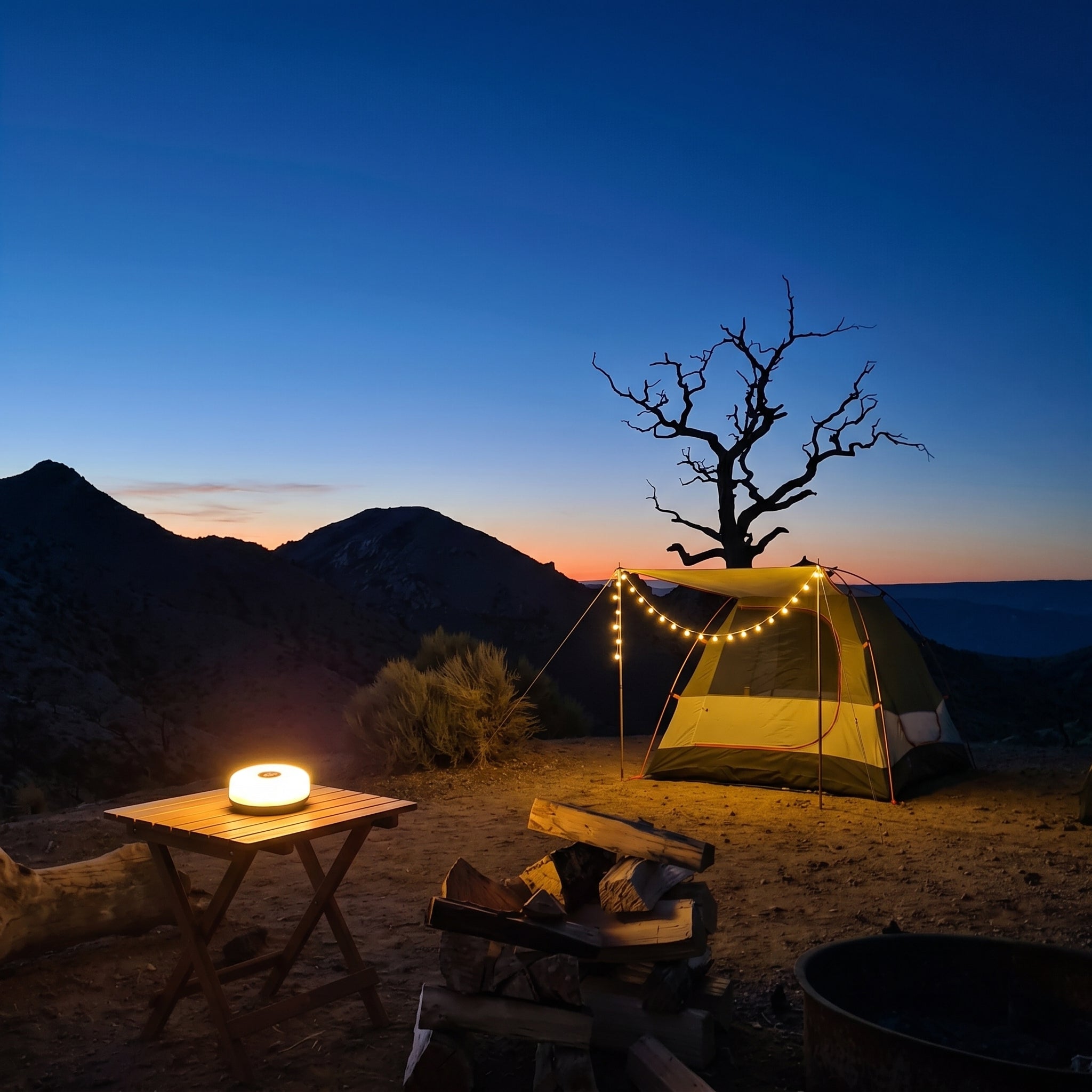 A warmly lit Australian campsite at dusk