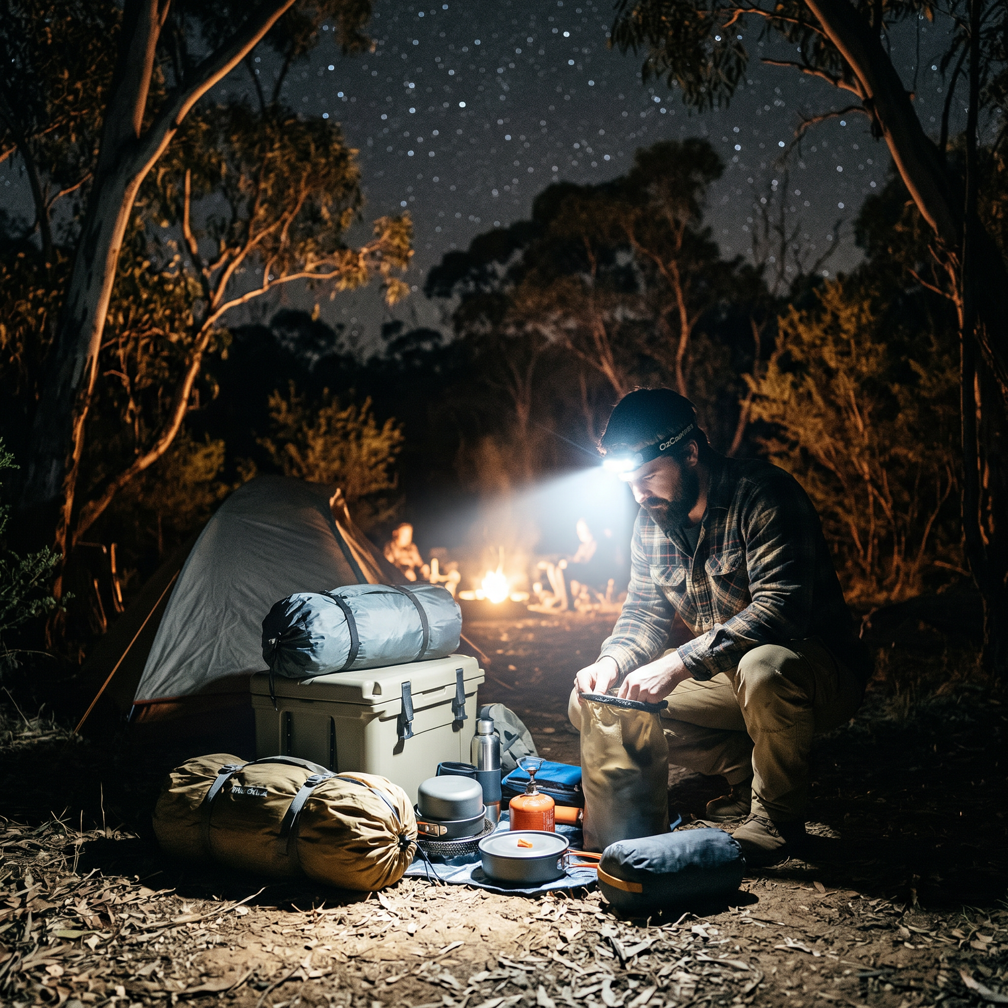 Camper setting up at a bush campsite at night