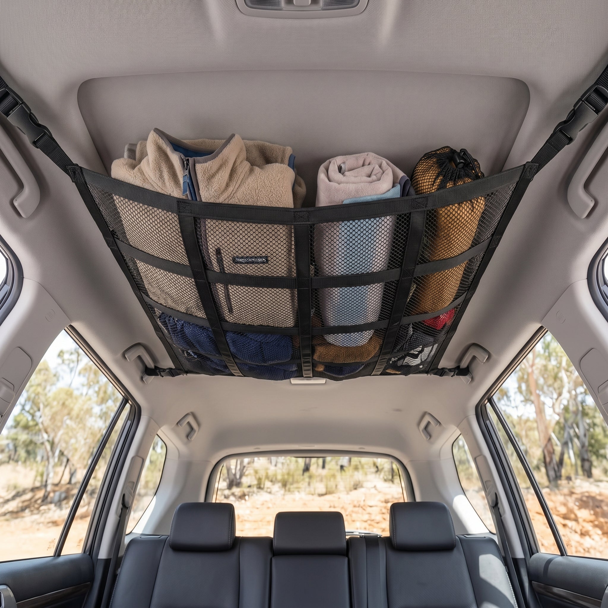 Overhead cargo net loaded with gear inside a 4WD