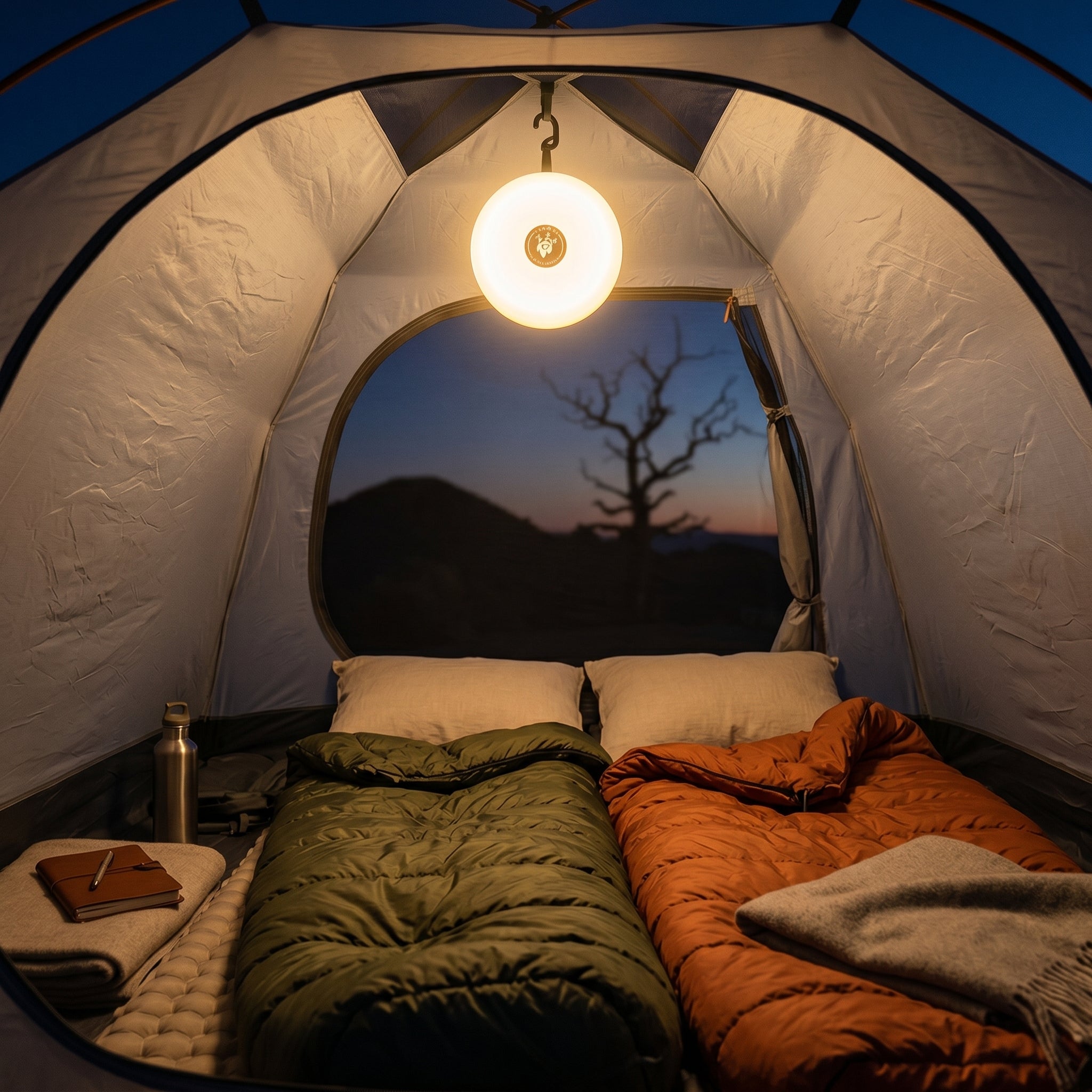 A glowing, well-lit tent at night