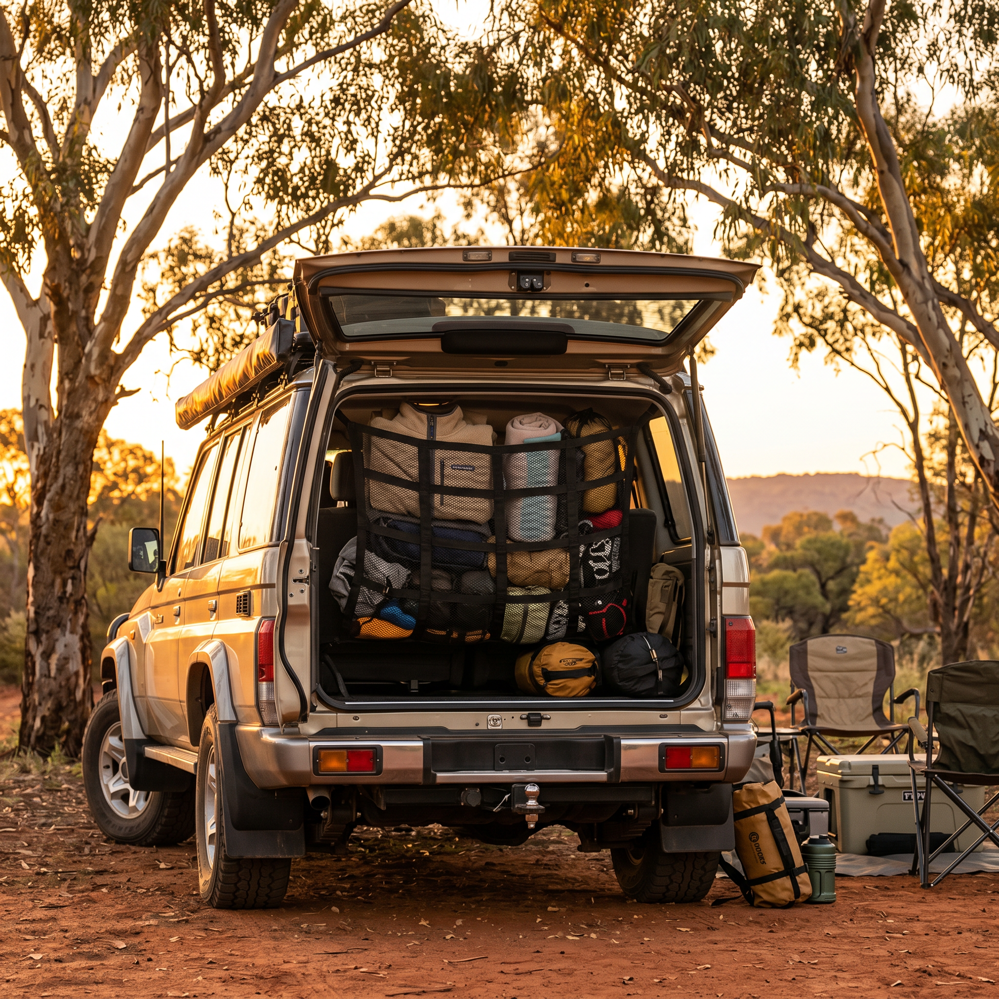 4x4 at Australian bush campsite with cargo net loaded