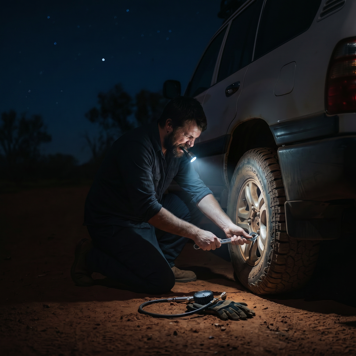 Changing a tyre in the dark