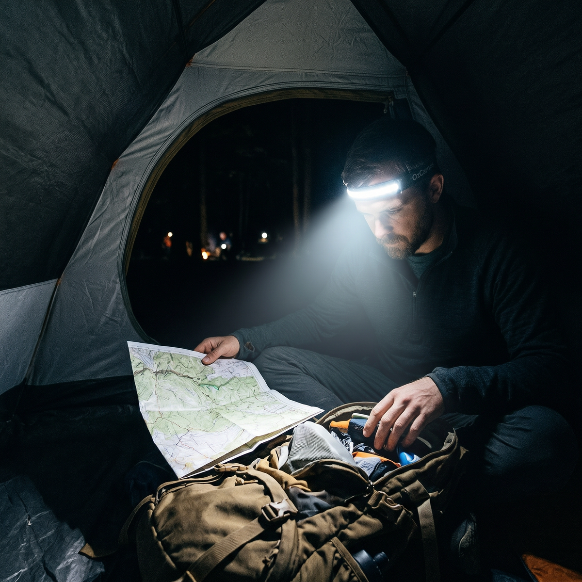 Tent lit by the HeadHalo, map easy to read