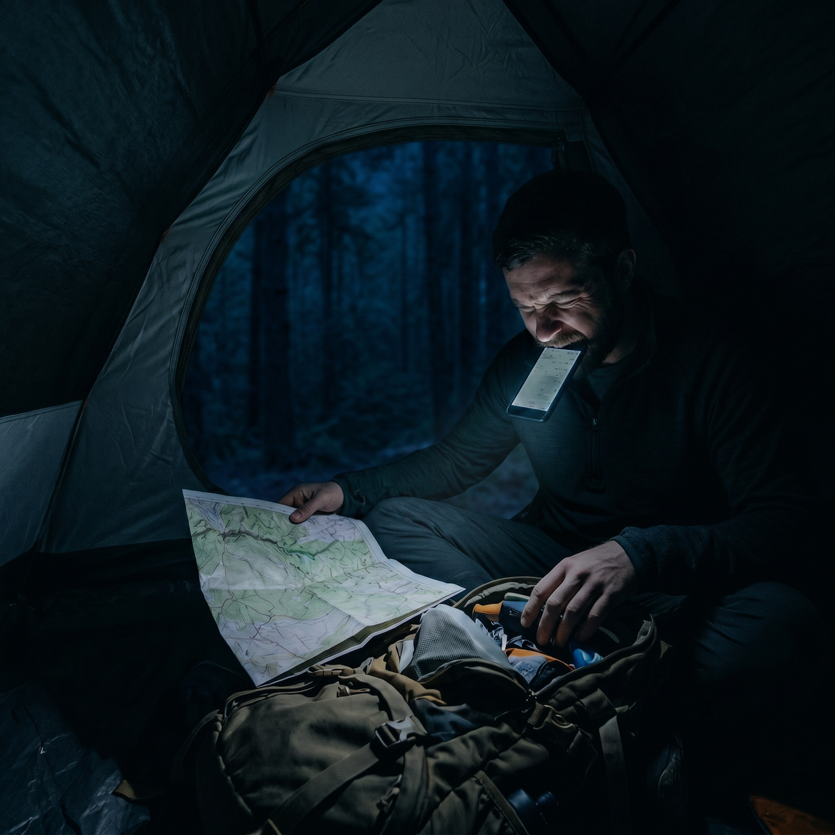 Squinting at a map in a dark tent