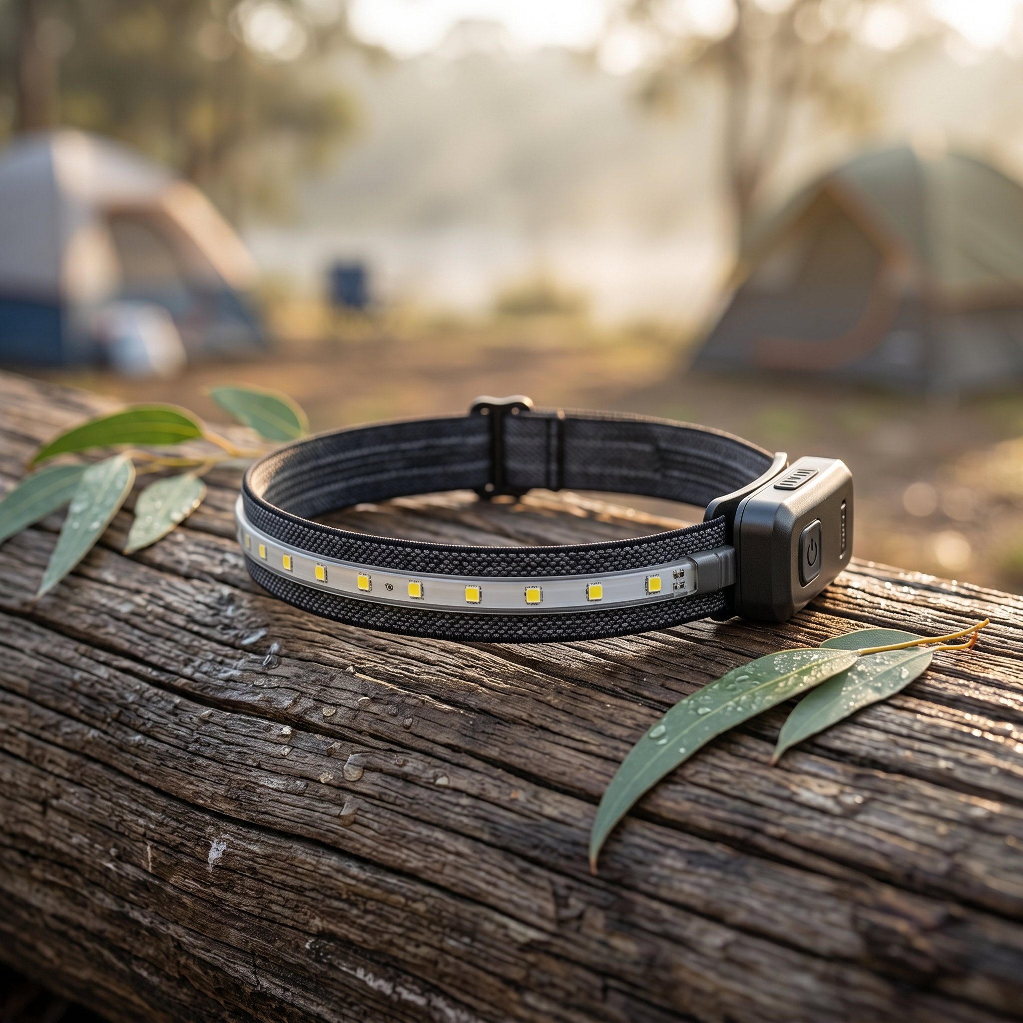 HeadHalo headlamp hero shot on a timber log