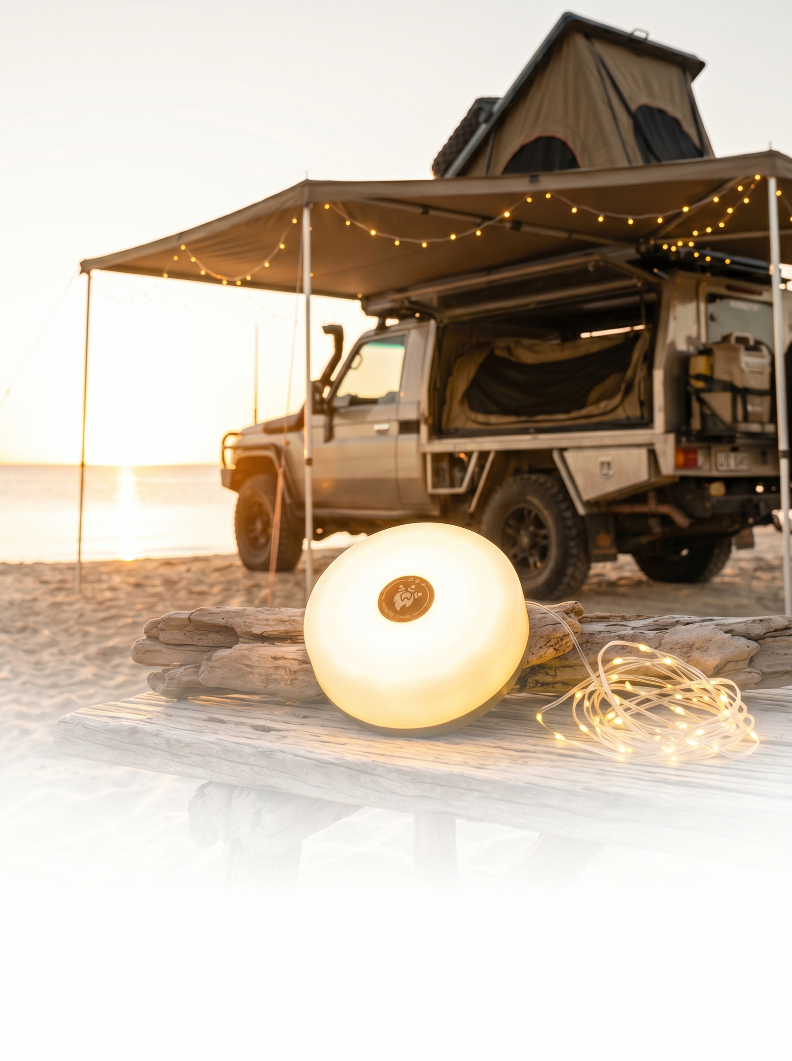 GlowBuddy camping lamp at a beach campsite at sunset, fading to white at the bottom (mobile)