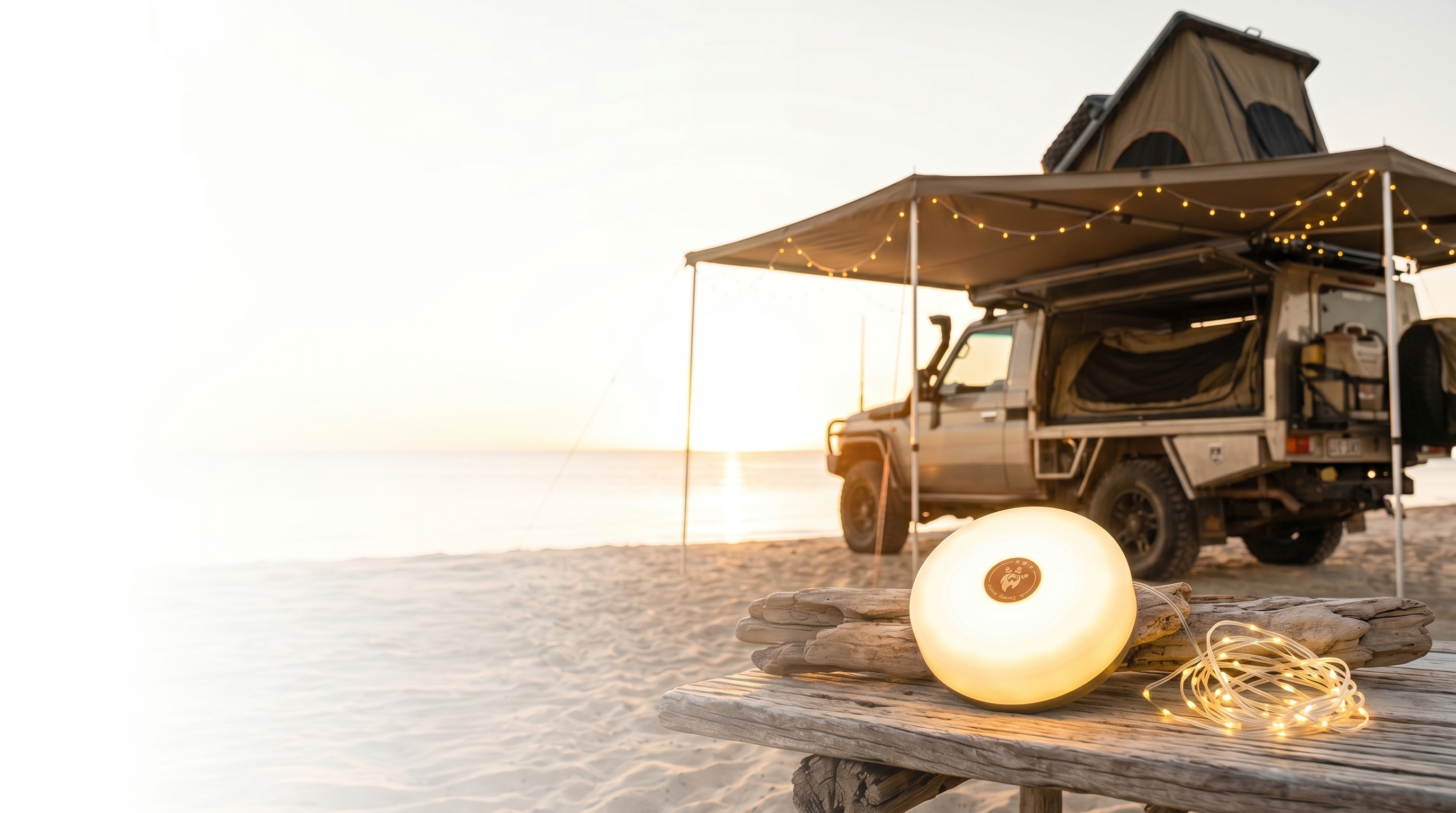GlowBuddy camping lamp at a beach campsite at sunset, fading to white on the left